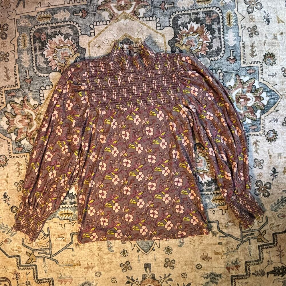 Nation LTD Sandrine Boheme Floral Mock Neck Smocked Open Back Top Pima Cotton XS